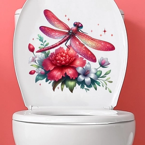 Detailed view of 3D dragonfly and flower waterproof wall stickers on a toilet lid