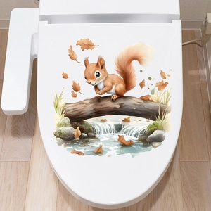 Detail of waterproof watercolor squirrel wall sticker on a white bathroom toilet lid