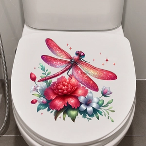 Macro detail of red dragonfly and flower waterproof self-adhesive wall sticker for toilets