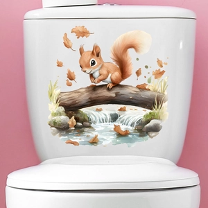 Waterproof squirrel sticker for toilet decor with autumn leaves and wooden bridge design