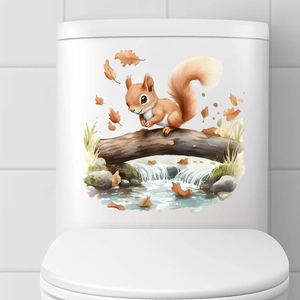 Detail view of cute watercolor squirrel wall sticker applied on white toilet tank