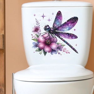 Detail of 3D purple dragonfly and flower wall decal applied to a ceramic surface
