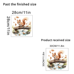 Detailed dimensions of squirrel wall sticker showing finished size 28x28cm and 30x30cm sheet