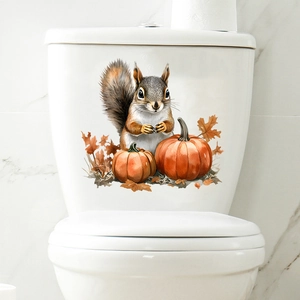 Detail of cute squirrel with pumpkins and autumn leaves waterproof wall sticker on toilet tank