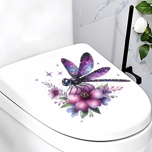 Waterproof self-adhesive toilet lid sticker featuring a 3D purple dragonfly and flowers