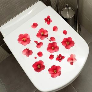 Autocollants fleurs rouges imperméables pour décoration de toilettes et salle de bain