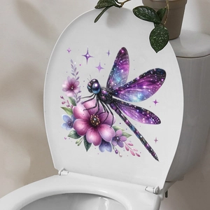 Detail of waterproof 3D dragonfly and flower wall sticker applied on a white toilet lid