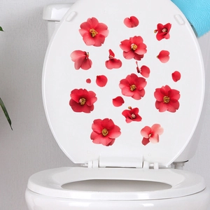 Stickers muraux fleurs rouges imperméables pour abattant de WC et déco de salle de bain