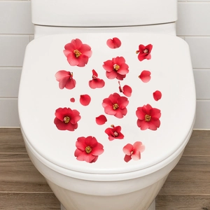Stickers muraux imperméables fleurs d'hibiscus rouges pour décor de WC et salle de bain
