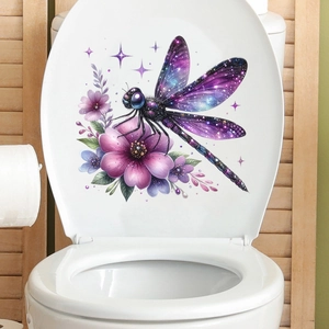 Detailed starry dragonfly and purple flower waterproof stickers on white toilet lid