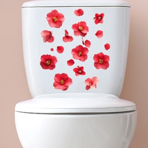 Stickers Muraux Pétales d'Hibiscus Rouges Imperméables pour Salle de Bain et Toilettes Autocollant Fleur en PVC pour Vitre Frigo