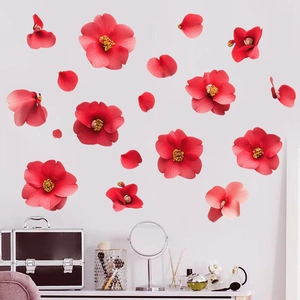 Sticker Mural Pétales de Fleurs Rouges PVC Imperméable Autocollant Floral pour Salon Chambre Décoration de Maison Murale