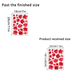 Stickers muraux fleurs rouges montrant la taille de pose 18x28cm et la planche 20x30cm
