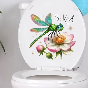 Detail view of 3D dragonfly and flower waterproof wall sticker on white toilet lid
