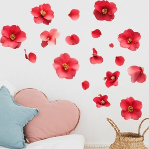 Autocollants muraux réalistes de camélias rouges avec pétales pour décoration intérieure