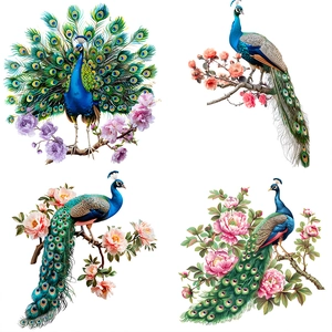 Set of four self-adhesive peacock and peony flower wall decals for living room decoration