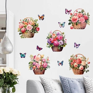 Floral wall stickers set featuring 5 flower baskets and 6 butterflies for living room decor
