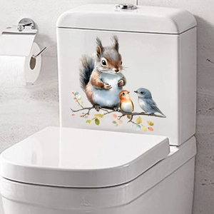 Waterproof squirrel and birds wall decal on a white ceramic toilet tank surface