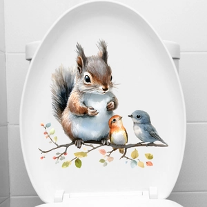 Watercolor squirrel and birds decorative self-adhesive waterproof wall sticker on toilet cover