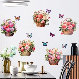 Vibrant rose flower baskets and butterflies wall decals for living room decor