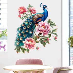 Detailed view of peacock and peony flower wall sticker in a modern living room