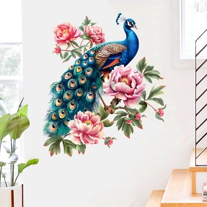 Detailed peacock and pink peony self-adhesive wall sticker on white wall near staircase