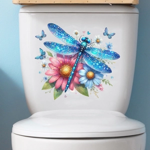 Detail of 3D dragonfly and daisy waterproof wall stickers on a white ceramic toilet tank