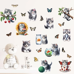 Waterproof self-adhesive wall stickers with cartoon cats and butterfly decorations