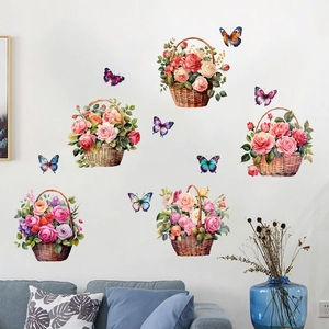 Detail showing self-adhesive rose flower baskets and butterfly wall decals in a living room