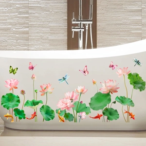 Stickers muraux imperméables avec lotus et carpes koi pour la décoration de baignoire