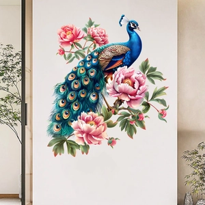 Detailed wall sticker featuring a vibrant blue peacock and pink peony flowers in a home setting