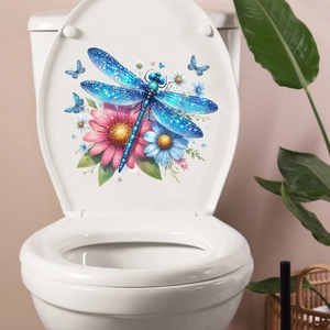 Detailed view of blue dragonfly and flower waterproof wall stickers on a white toilet lid