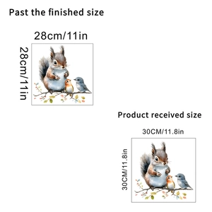 Waterproof squirrel and bird wall decal showing 30x30cm sheet and layout dimensions