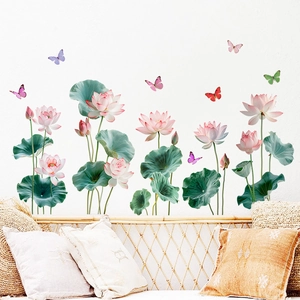 Waterproof wall stickers featuring elegant pink lotus flowers and colorful butterflies