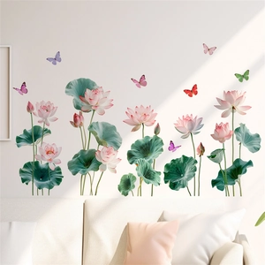Detail of waterproof wall stickers showing pink lotus flowers and colorful butterflies