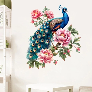 Peacock and pink peony wall sticker displayed on a white living room wall decor