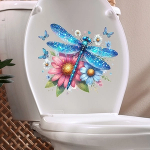 Detail of waterproof wall sticker with glowing blue dragonfly and daisies on white surface