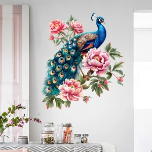 Vibrant wall sticker featuring a blue peacock perched on pink peony branches