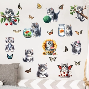 Waterproof PVC wall decals featuring cute grey tabby kittens with butterflies and sunflowers