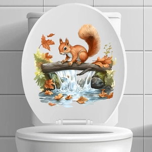 Detail of waterproof squirrel wall sticker with autumn maple leaves on a white toilet lid
