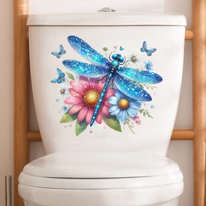 3D blue dragonfly and daisy floral self-adhesive waterproof wall stickers on white toilet tank