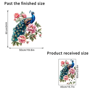 Detail of peacock and peony wall sticker showing layout dimensions and PVC texture