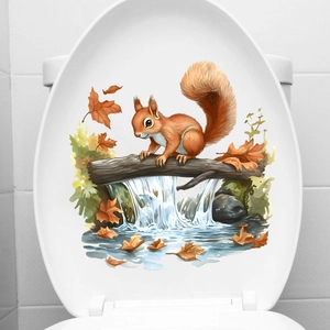Squirrel on waterfall landscape self-adhesive waterproof sticker on white toilet lid