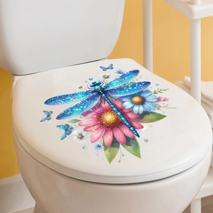 Detailed blue dragonfly and flower waterproof 3D wall decal on a white toilet lid