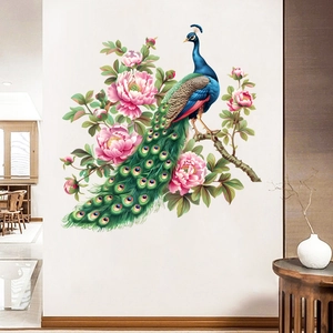 Detailed view of self-adhesive peacock and pink peony floral wall sticker for home decor