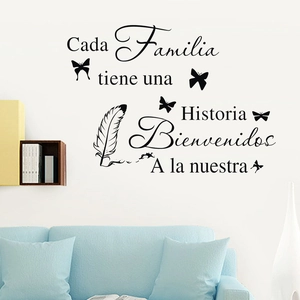 Detail of black feather and Spanish quote vinyl wall sticker in a cozy living room scene