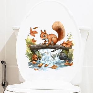 Detail view of squirrel on tree trunk wall sticker with autumn maple leaves and water