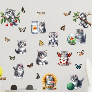 Detailed view of gray tabby cat wall stickers featuring climbing cats and sunflowers