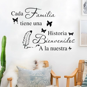 Detail of Spanish quote wall decal with black feathers and butterflies on a white wall