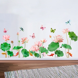 Autocollants muraux étanches fleurs de lotus et carpes koi pour salon